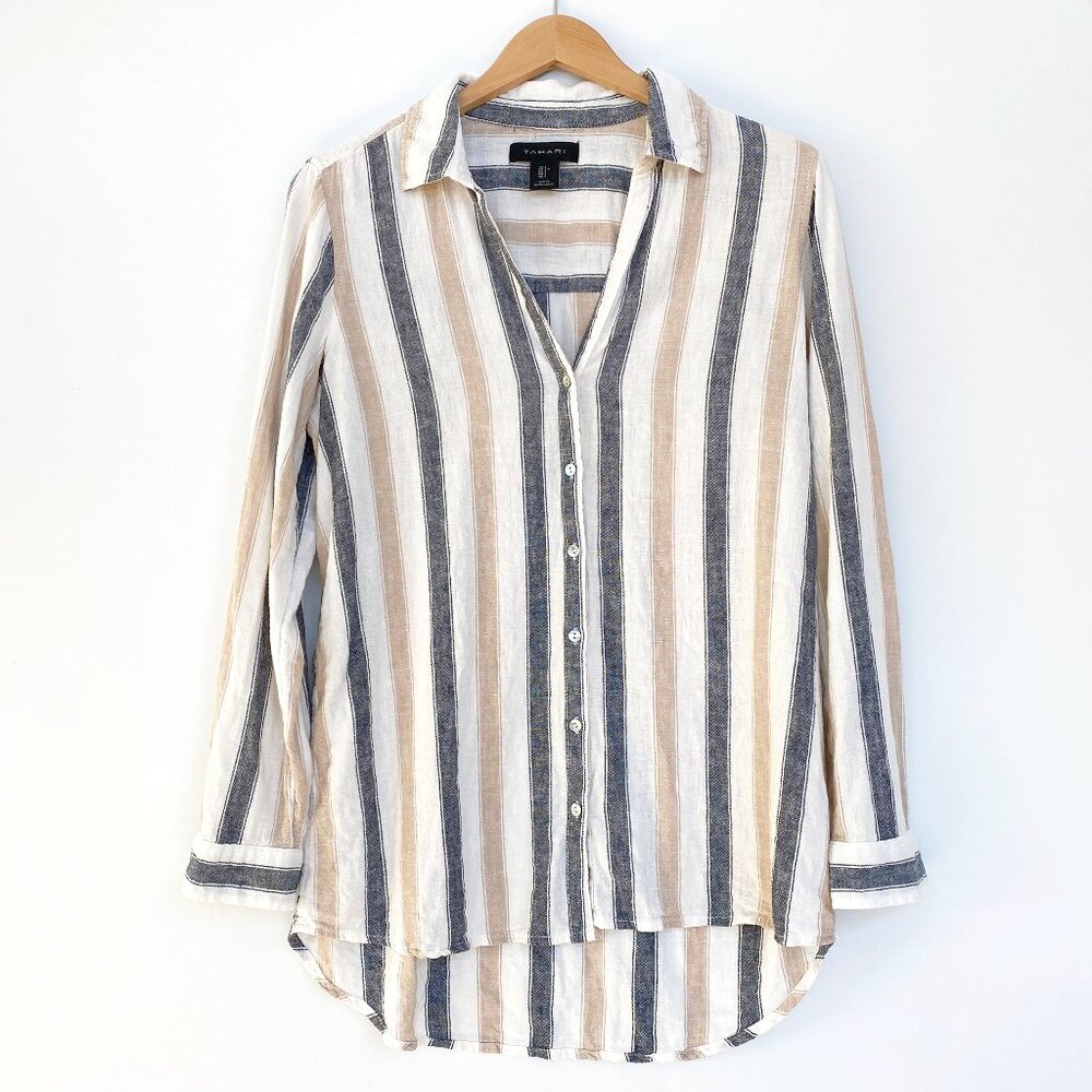 Tahari Striped Linen Blend Roll Tab Tunic Shirt S